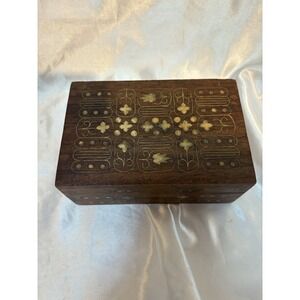 Vintage Wooden Box Jewelry Trinket Keepsake Brass Inlay 6 x 4" Made India